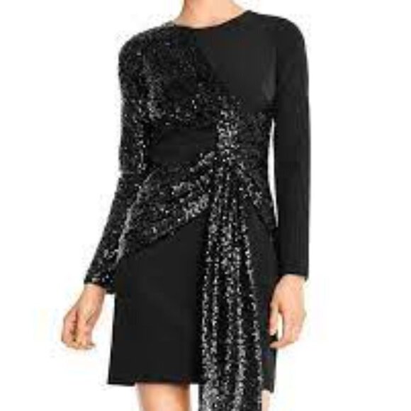 NWT Aidan by Aidan Mattox Sequin Drape Long-sleeve Crepe Sheath Dress Size 2 - Picture 1 of 10